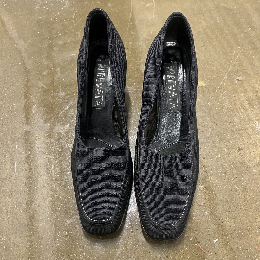 Prevata Black Fabric Square Toe Block Heel Pumps Made in Italy Women's Size 6